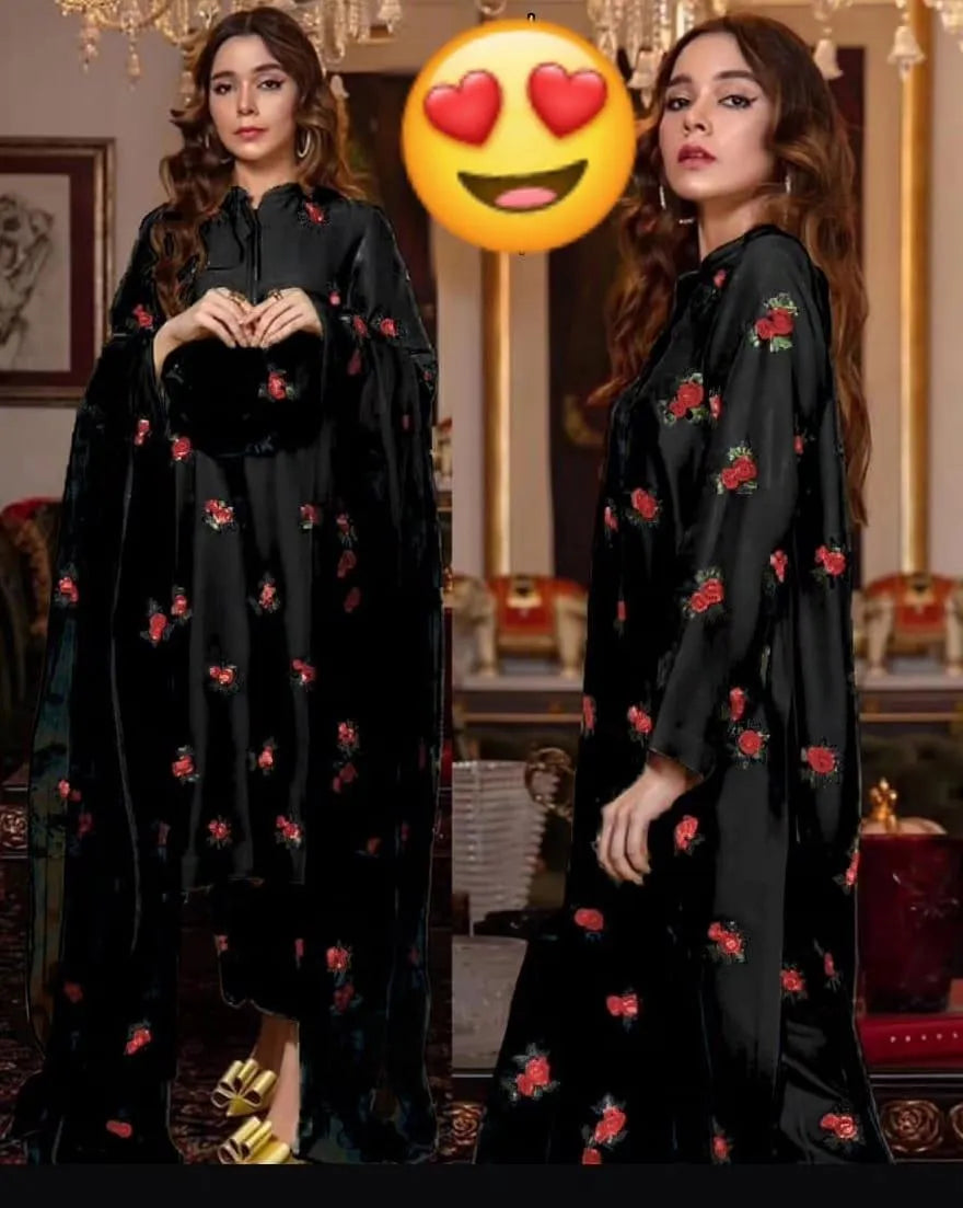 Black Rose Embroidered 3-Piece Shamoz Silk Suit for Eid