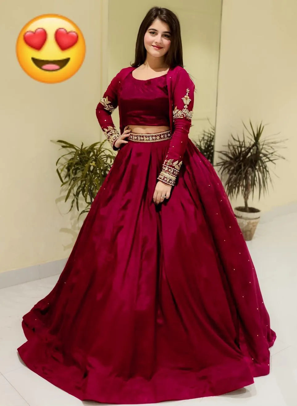 Maroon Pearl Embroidered Gown & Skirt Set