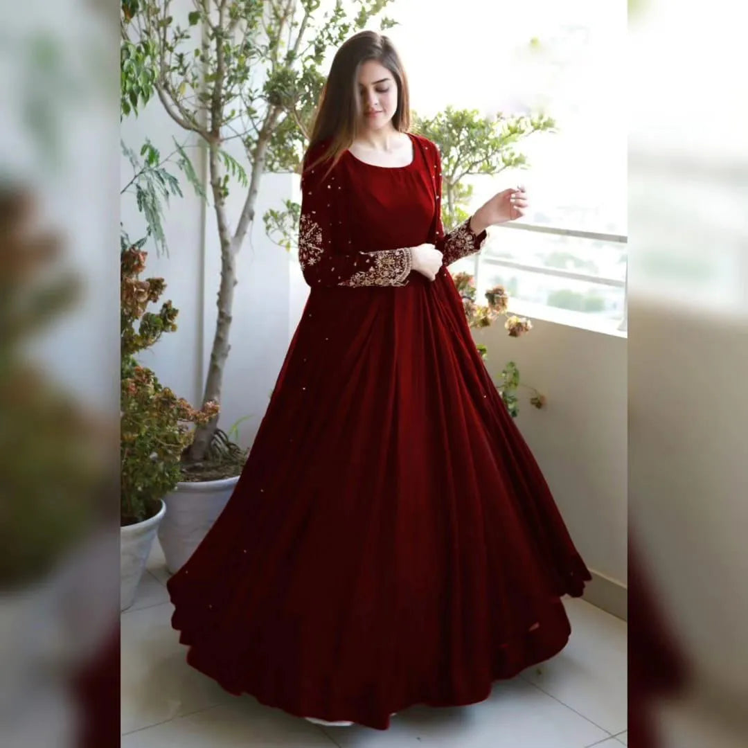 Maroon Embroidered Gown Maxi Set 3Pcs Shamose Silk