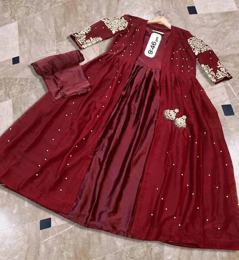 Maroon Embroidered Gown Maxi Set 3Pcs Shamose Silk