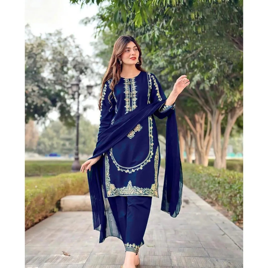 Blue Sequin Embroidered 3-Piece Suit for Eid & Weddings