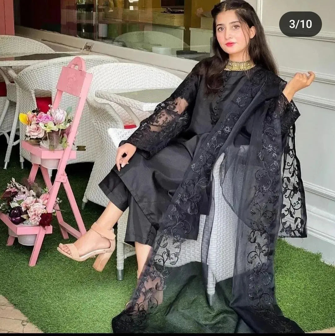 Black Embroidered 3PC Organza Suit with Dupatta