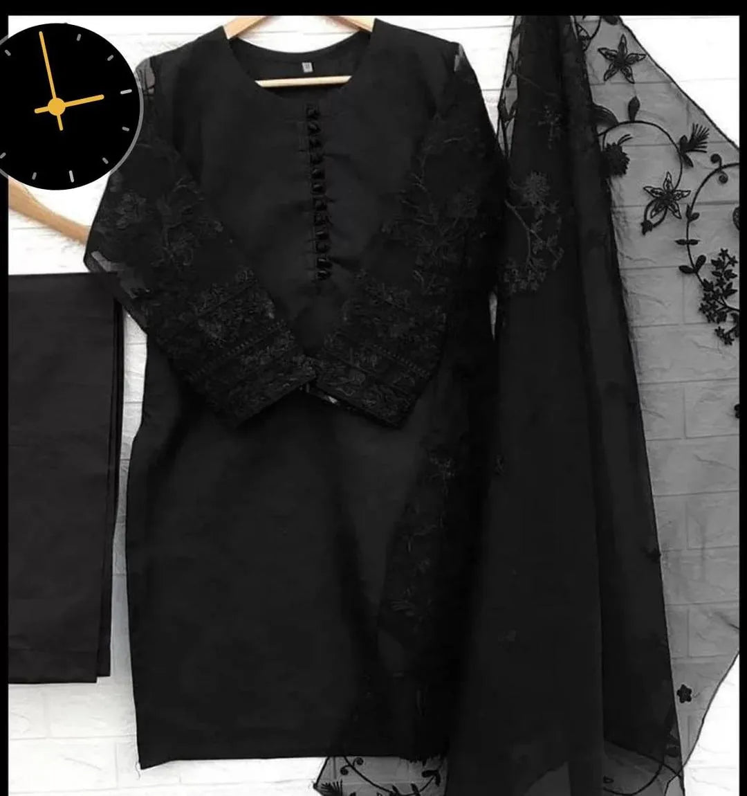 Black Embroidered 3PC Organza Suit with Dupatta