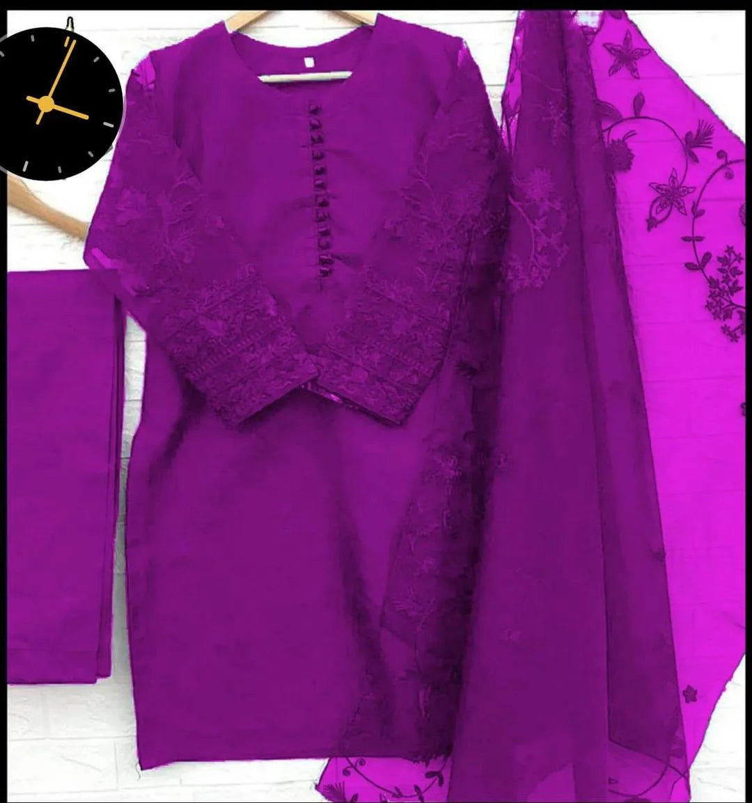 Purple Embroidered 3-Piece Organza Suit for Eid & Weddings