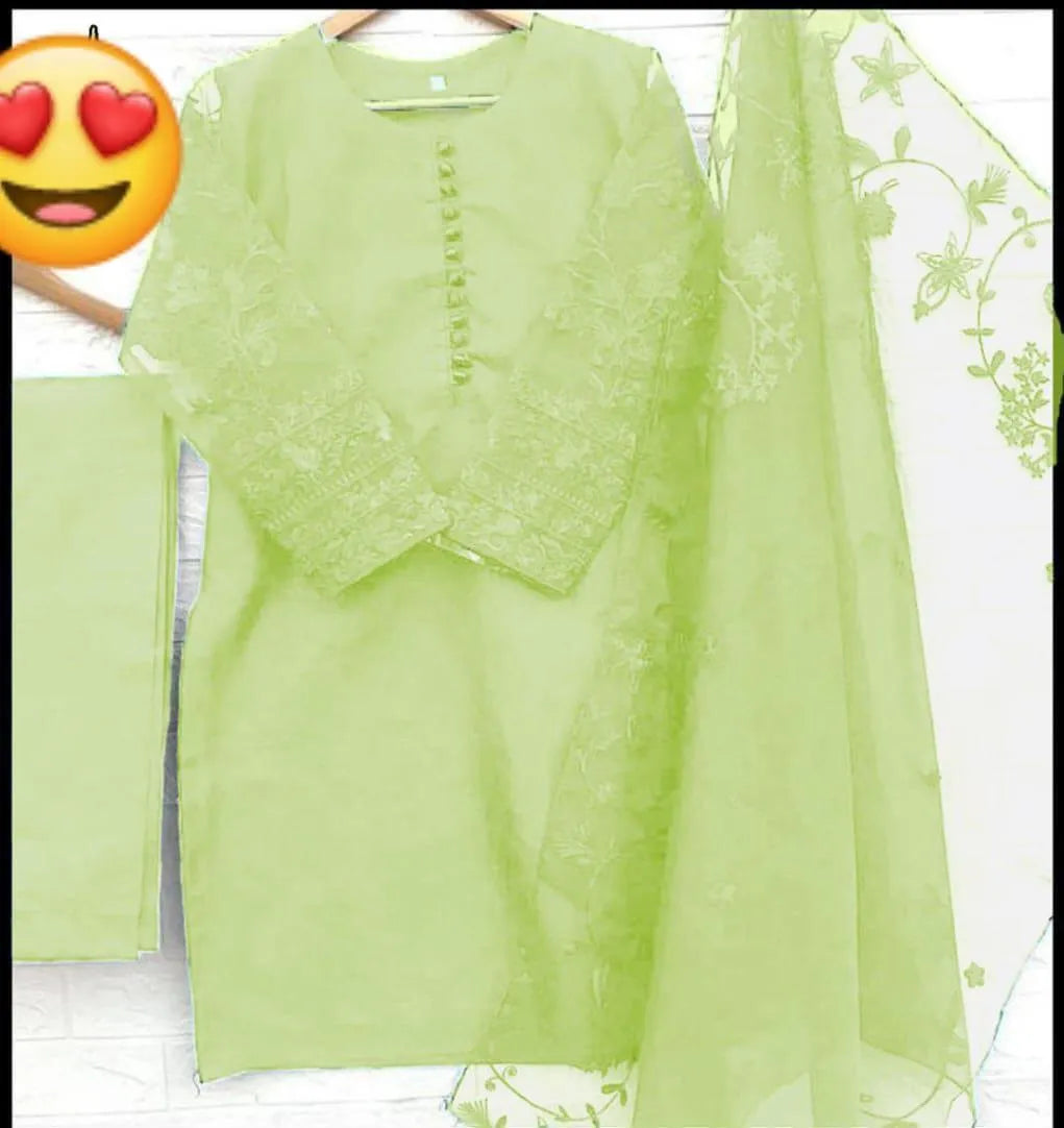 Green Organza Embroidered 3-Piece Suit for Women