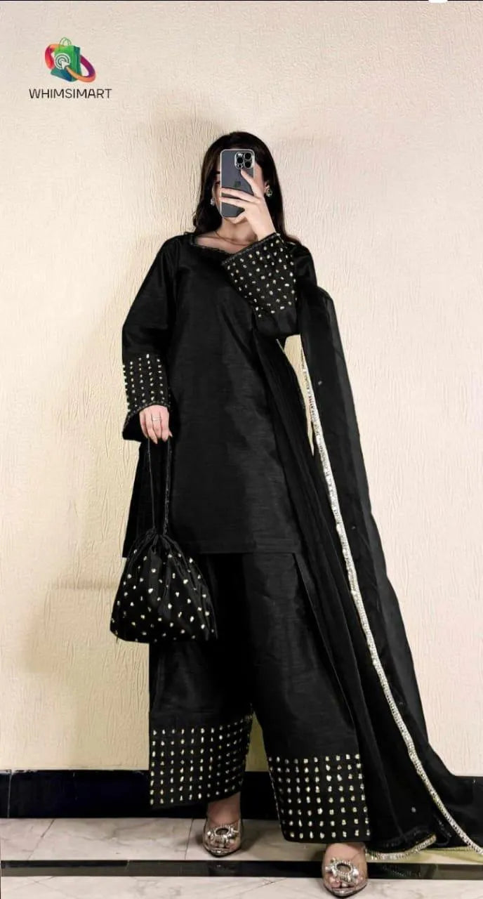 Black Shamoz Silk Farshi Shalwar Kameez 4Pcs Set with Pearl Potli
