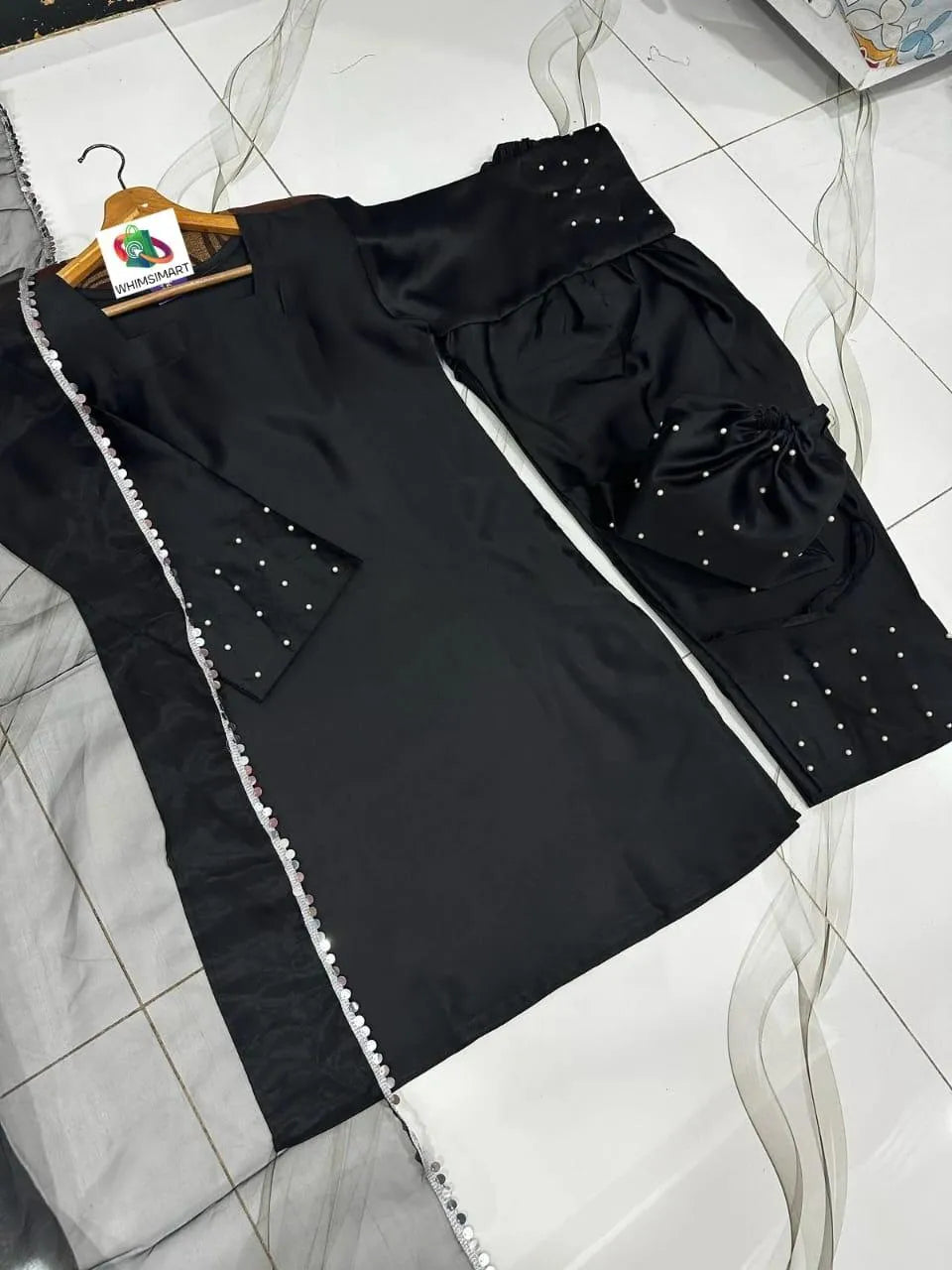 Black Shamoz Silk Farshi Shalwar Kameez 4Pcs Set with Pearl Potli