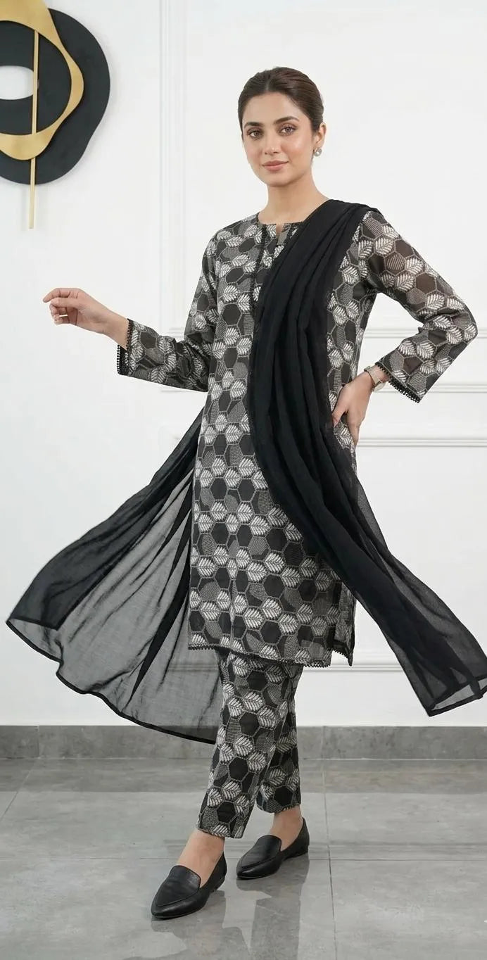 Pakistani Printed Kurta Set with Black Scarf & Pajama