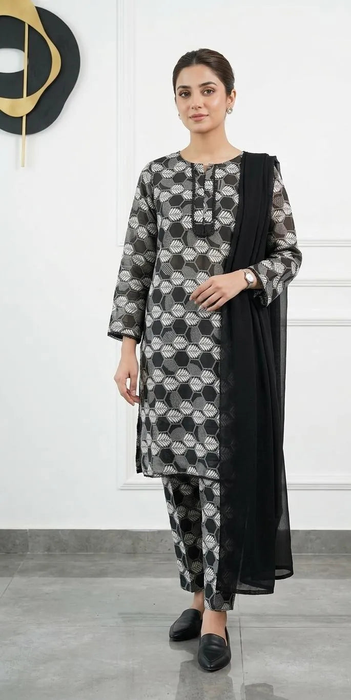 Pakistani Printed Kurta Set with Black Scarf & Pajama
