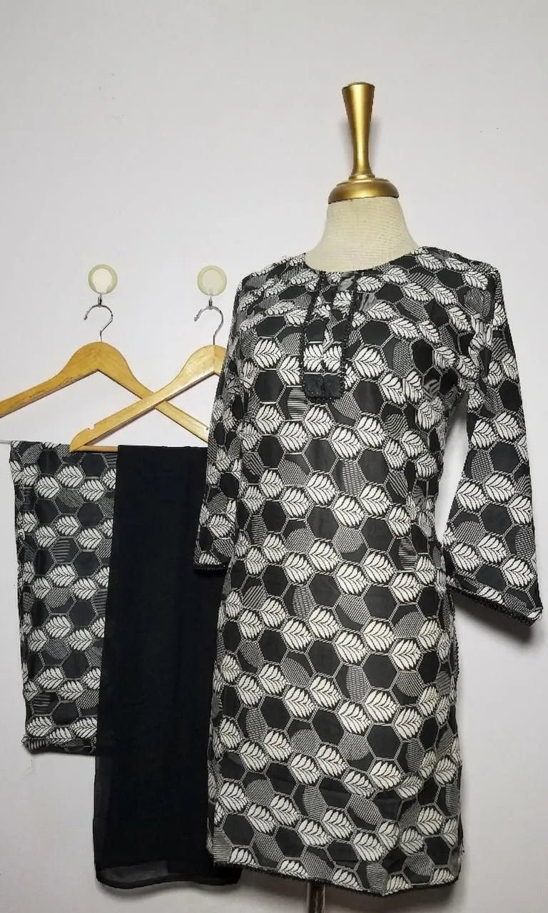 Pakistani Printed Kurta Set with Black Scarf & Pajama