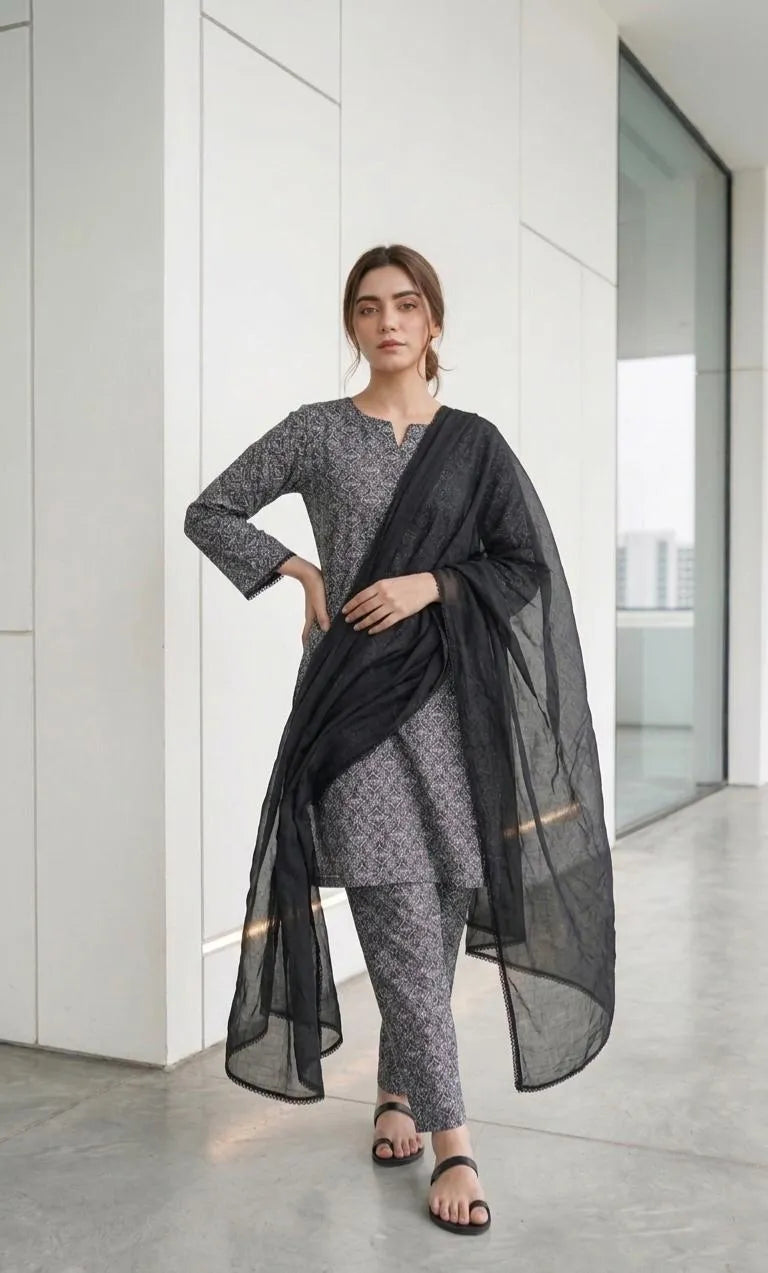Black Printed Kurta Set with Chiffon Dupatta