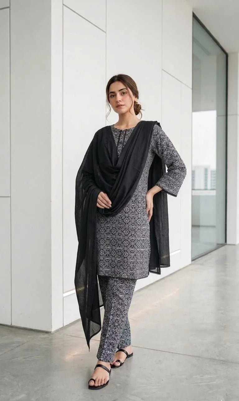 Black Printed Kurta Set with Chiffon Dupatta
