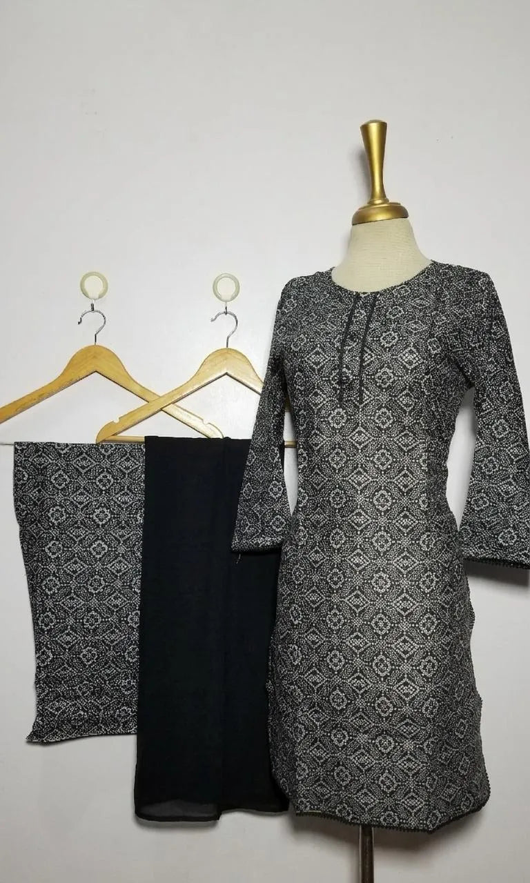 Black Printed Kurta Set with Chiffon Dupatta