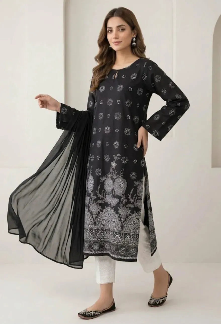 3Pcs Women's Stitched Arabic Lawn Block Printed Suit