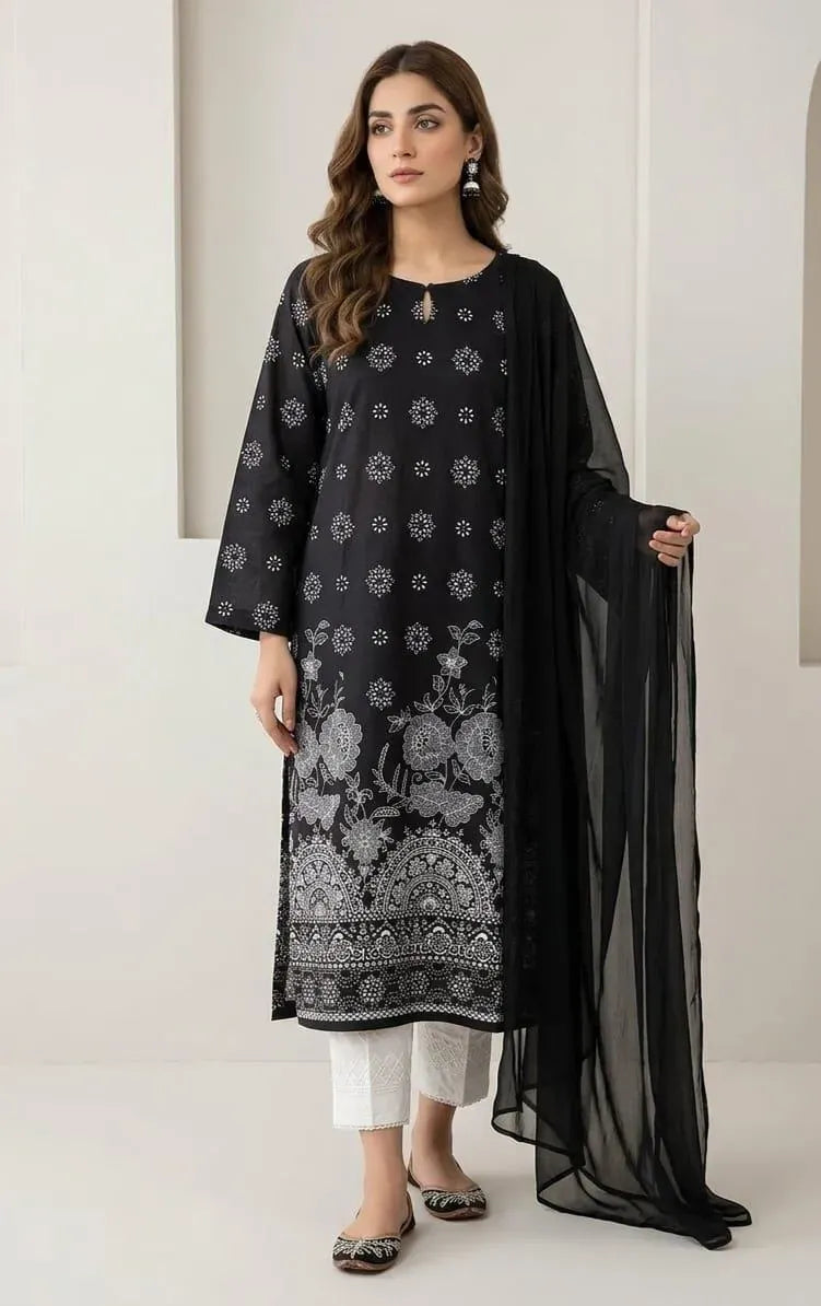 3Pcs Women's Stitched Arabic Lawn Block Printed Suit