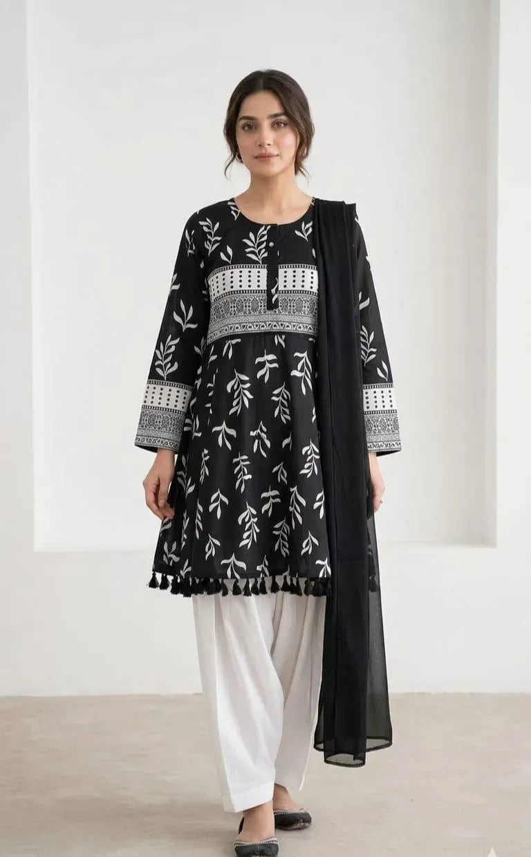 3Pcs Women's Stitched Lawn Digital Print Suit with Lace work short Frock and Shalwar