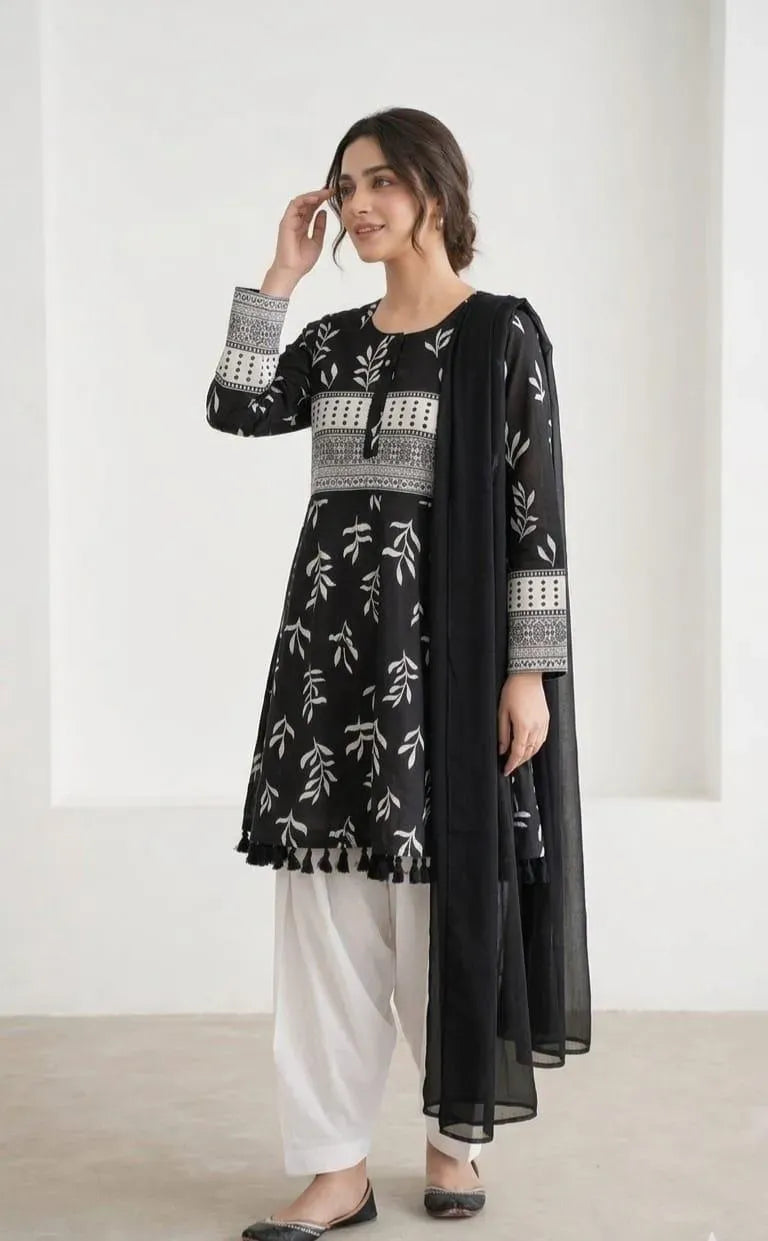 3Pcs Women's Stitched Lawn Digital Print Suit with Lace work short Frock and Shalwar
