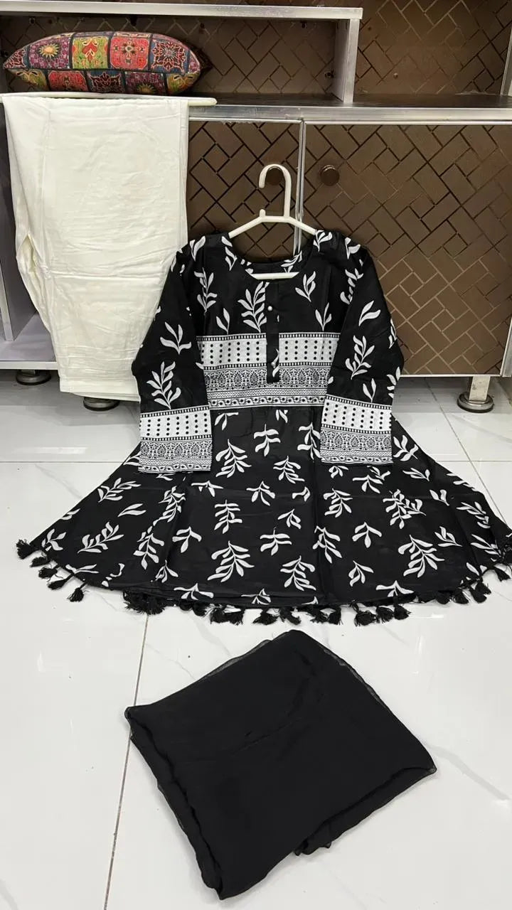 3Pcs Women's Stitched Lawn Digital Print Suit with Lace work short Frock and Shalwar