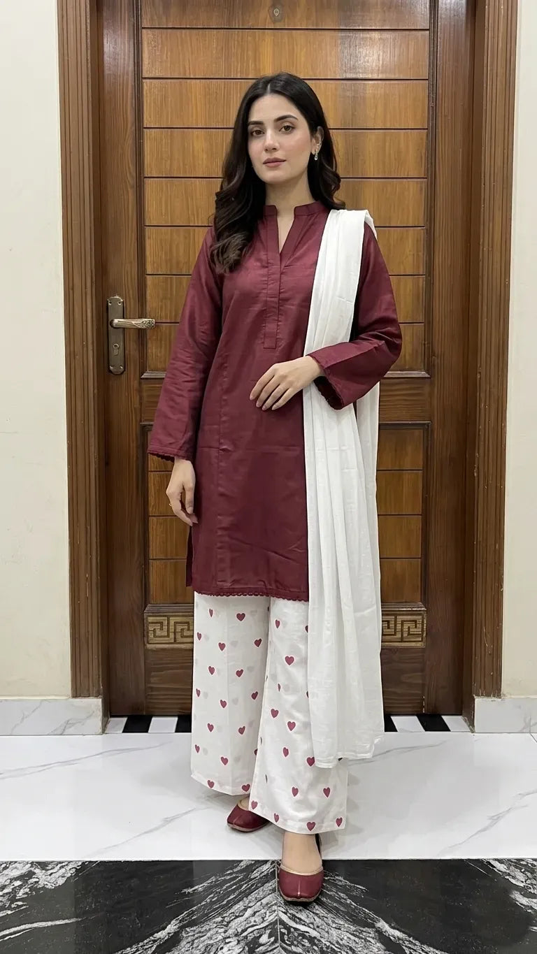 3Pcs Women's Stitched Cotton Lawn Block Printed Suit Viral Heart Printed with Lace