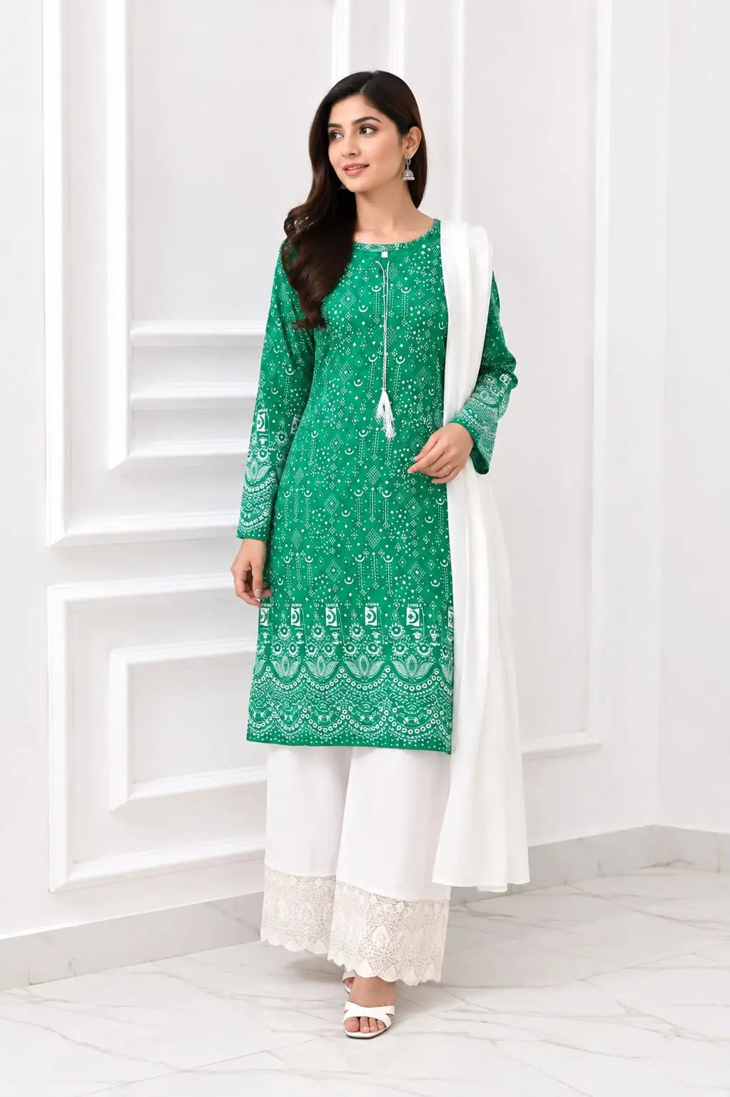 3 Pcs Women's Stitched Arabic Lawn Block Printed Suit Azadi Prints AZ1