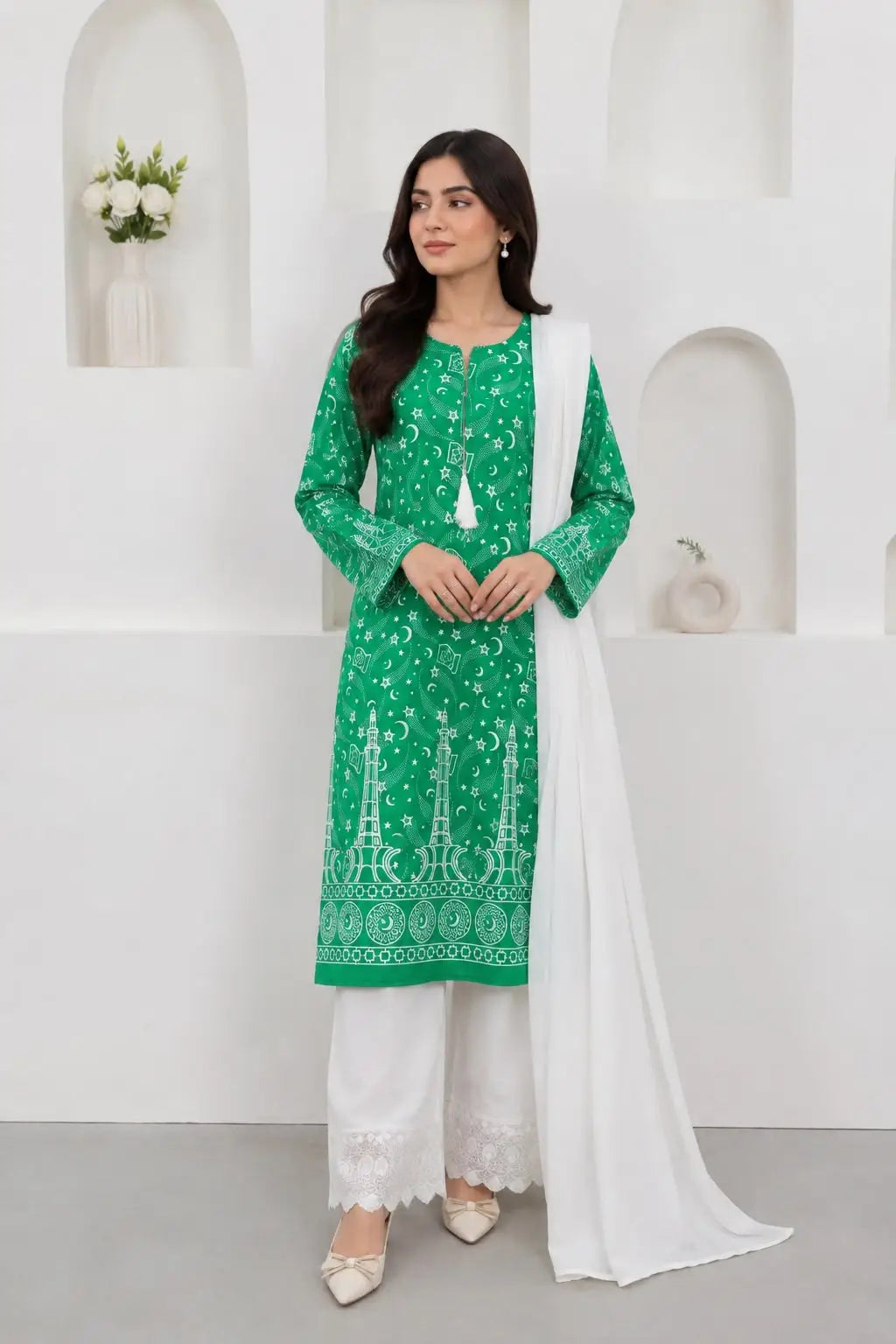 3 Pcs Women's Stitched Arabic Lawn Block Printed Suit Azadi Prints AZ1