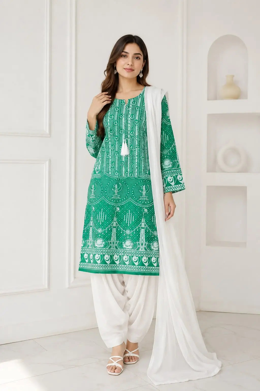 3 Pcs Women's Stitched Arabic Lawn Block Printed Suit with Shalwar