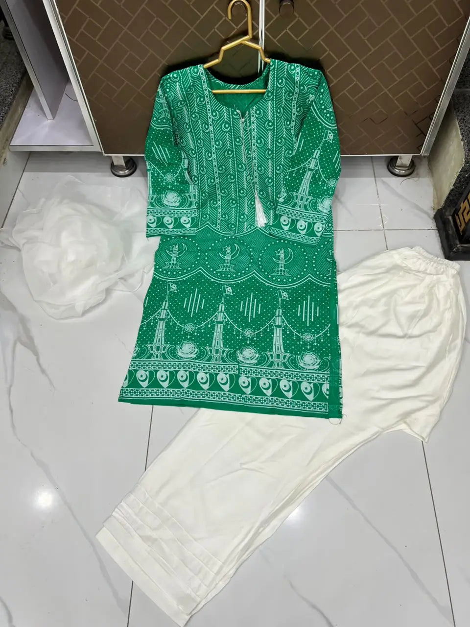 3 Pcs Women's Stitched Arabic Lawn Block Printed Suit with Shalwar