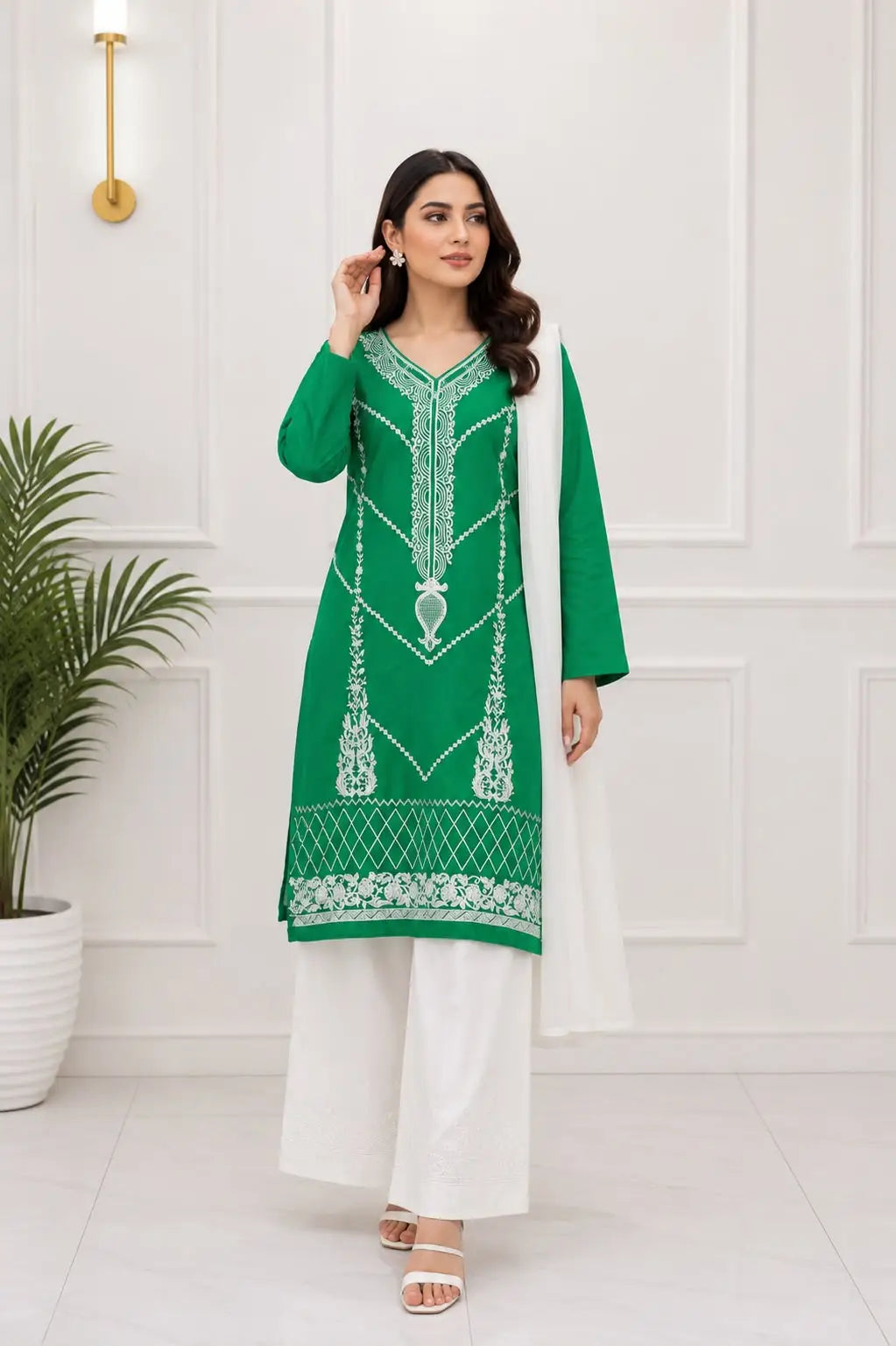 3 Pcs Women's Stitched Arabic Lawn Embroidered Suit Azadi Special
