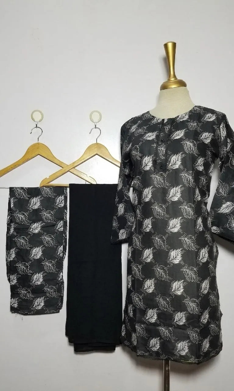 Black Printed Kurta Set with Shawl for Women