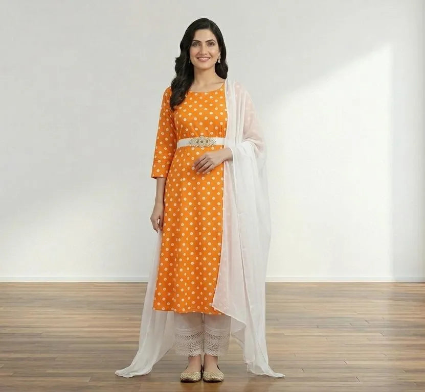 Orange Printed Arabic Lawn 3Pcs Maxi Set