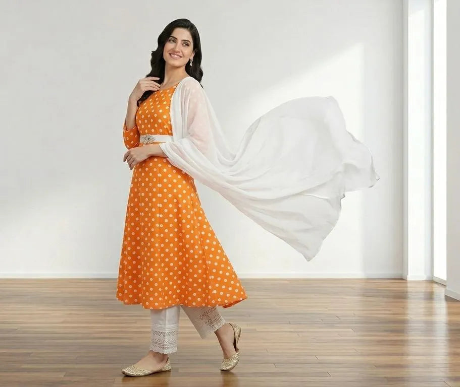 Orange Printed Arabic Lawn 3Pcs Maxi Set