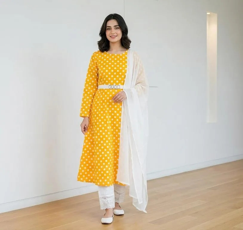 Women's Yellow Printed 3Pcs Arabic Lawn Suit Set
