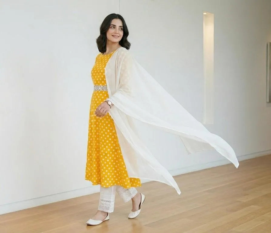 Women's Yellow Printed 3Pcs Arabic Lawn Suit Set