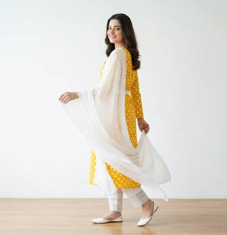 Women's Yellow Printed 3Pcs Arabic Lawn Suit Set