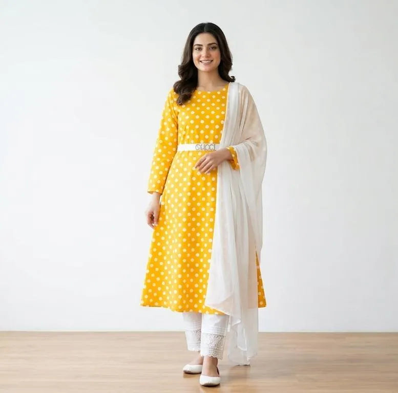 Women's Yellow Printed 3Pcs Arabic Lawn Suit Set