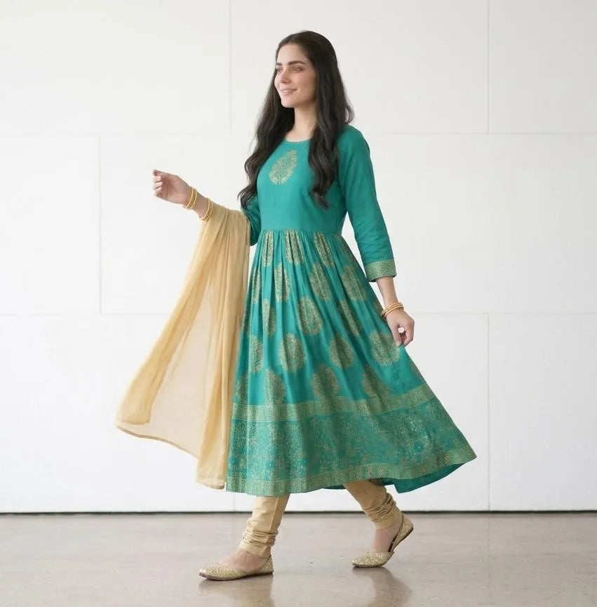 Turquoise Block Printed Arabic Lawn Maxi Set for Women
