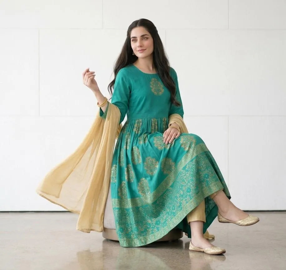 Turquoise Block Printed Arabic Lawn Maxi Set for Women