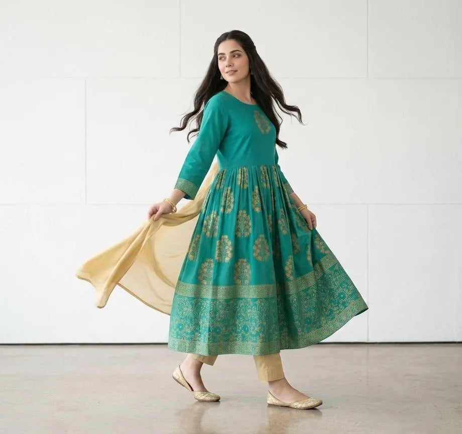 Turquoise Block Printed Arabic Lawn Maxi Set for Women