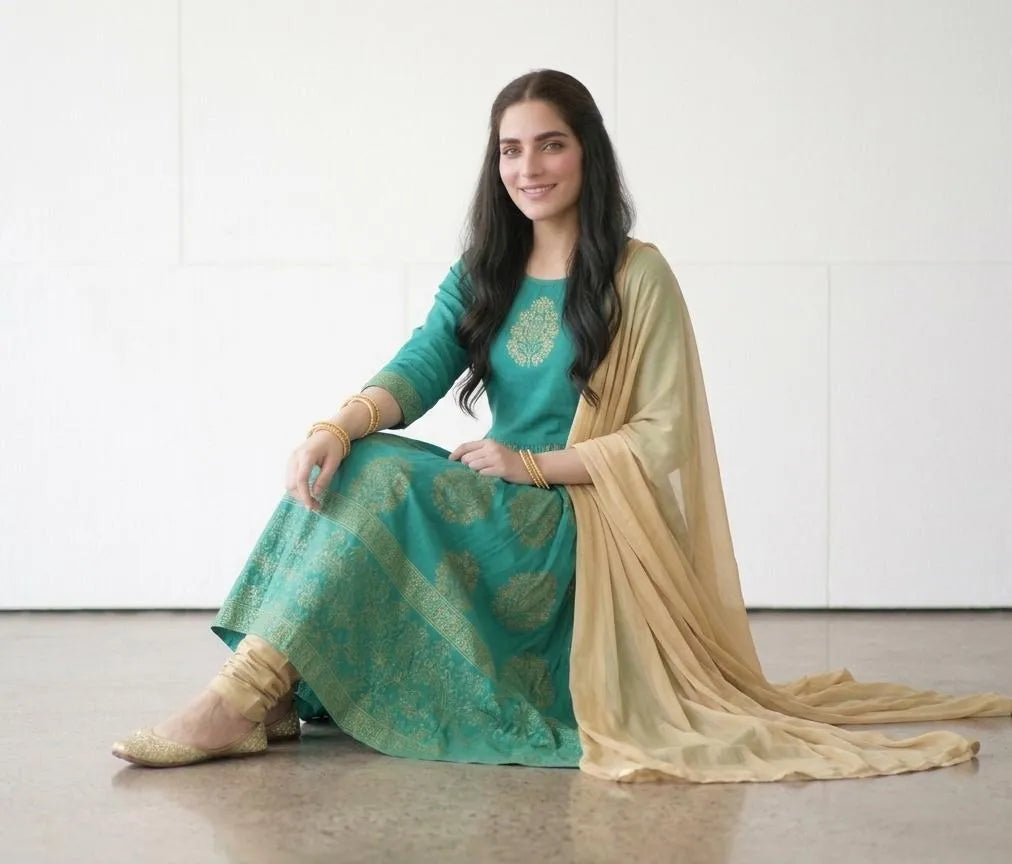 Turquoise Block Printed Arabic Lawn Maxi Set for Women