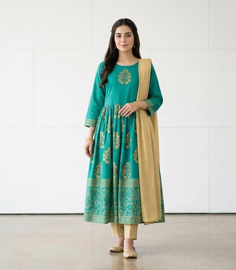 Turquoise Block Printed Arabic Lawn Maxi Set for Women