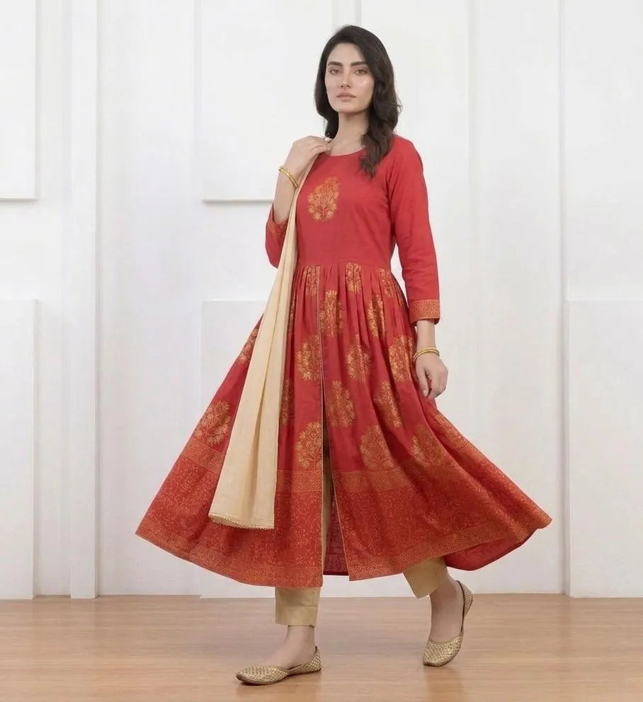 Red Block Printed 3-Piece Women's Suit Set
