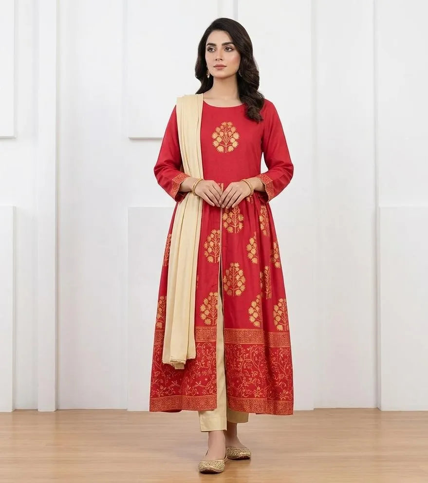 Red Block Printed 3-Piece Women's Suit Set