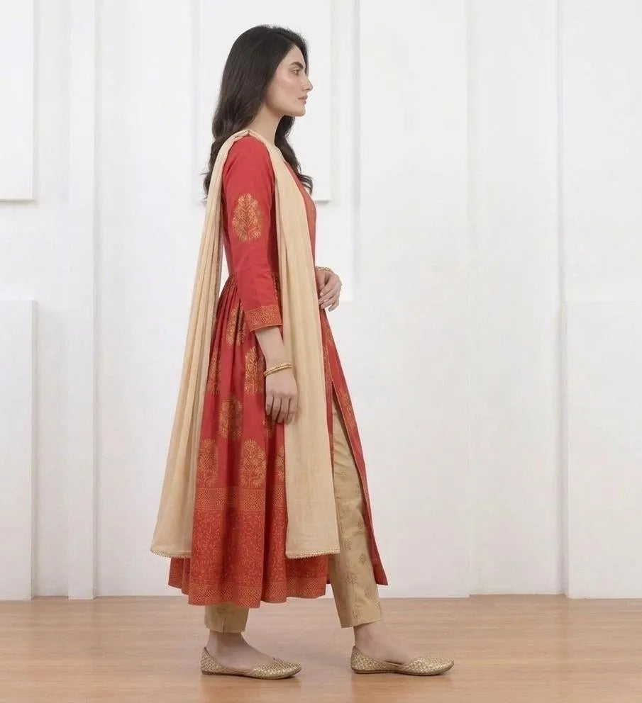 Red Block Printed 3-Piece Women's Suit Set