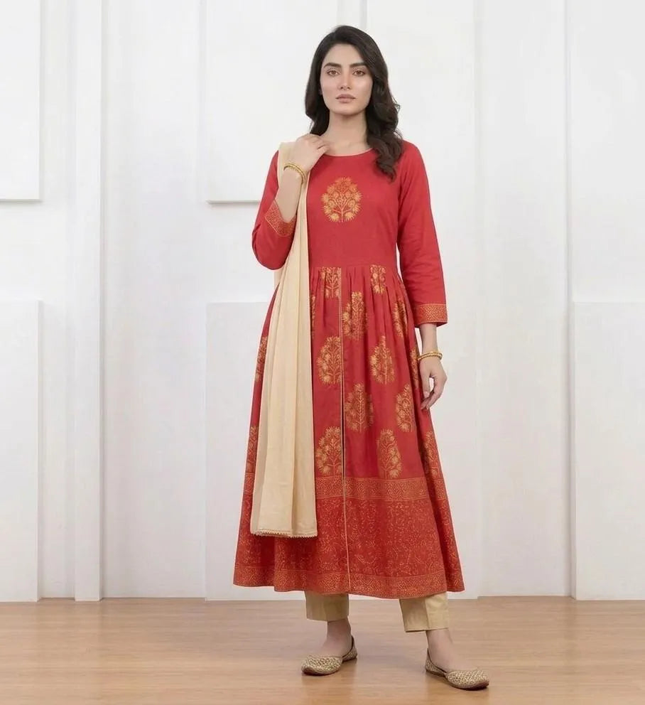 Red Block Printed 3-Piece Women's Suit Set