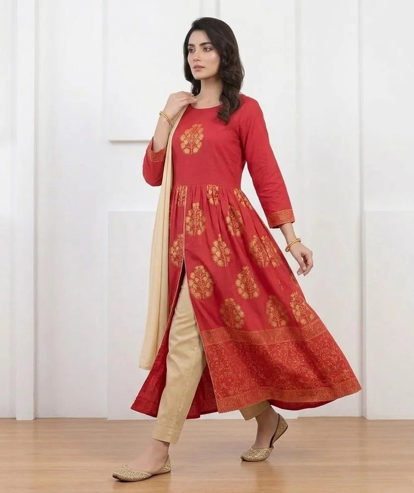 Red Block Printed 3-Piece Women's Suit Set