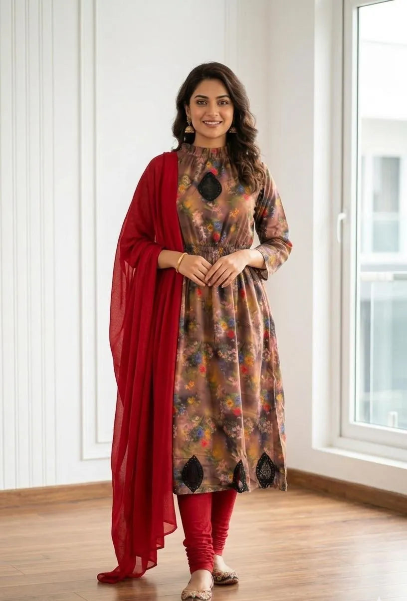 Pakistani Printed Kurta Set with Red Shawl