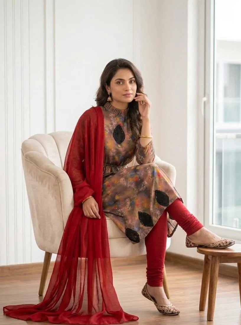 Pakistani Printed Kurta Set with Red Shawl