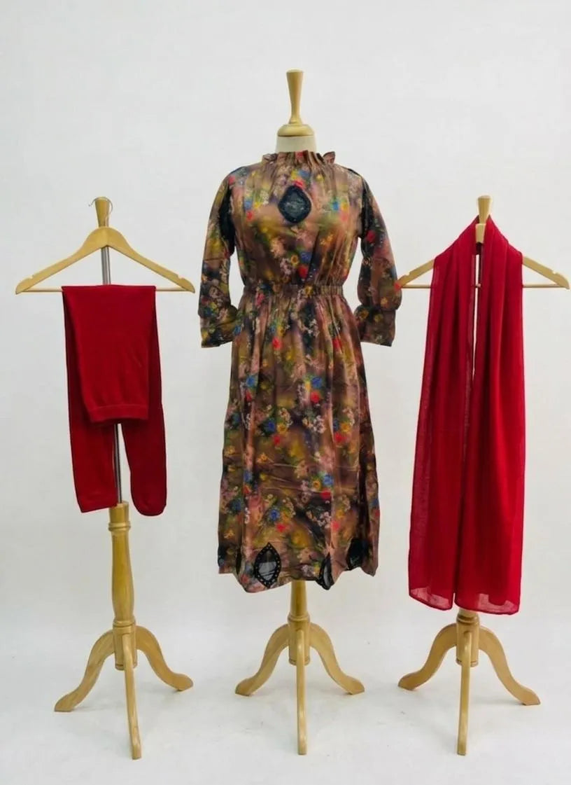 Pakistani Printed Kurta Set with Red Shawl