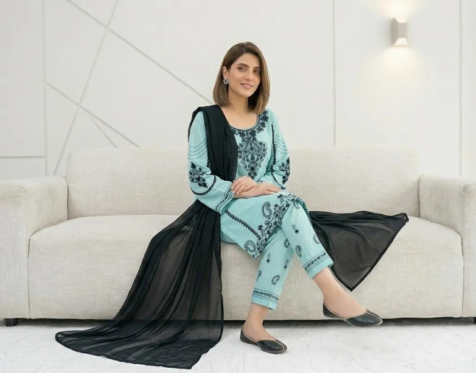 Blue Embroidered 3-Piece Cotton Lawn Suit with Chiffon Dupatta