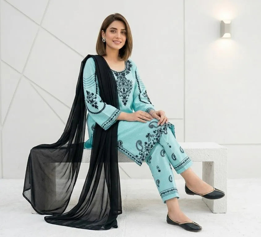 Blue Embroidered 3-Piece Cotton Lawn Suit with Chiffon Dupatta